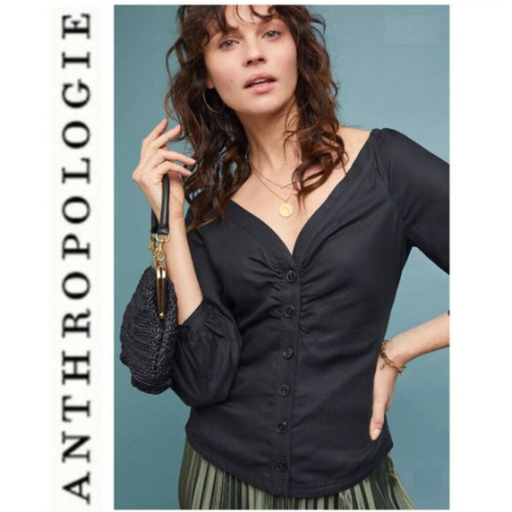 Maeve Black Button-Front V-Neck Blouse